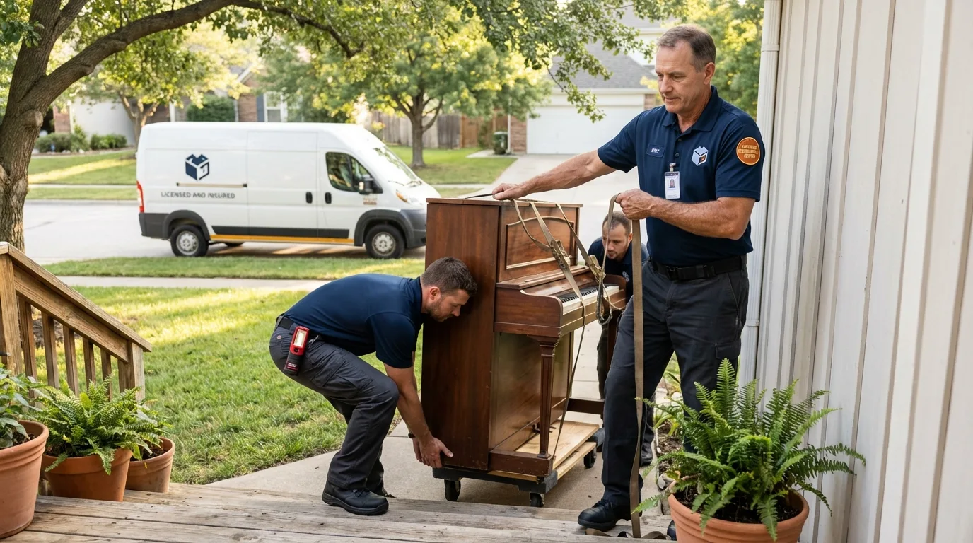 Licensed piano movers securing grand piano in Sylvania, AL