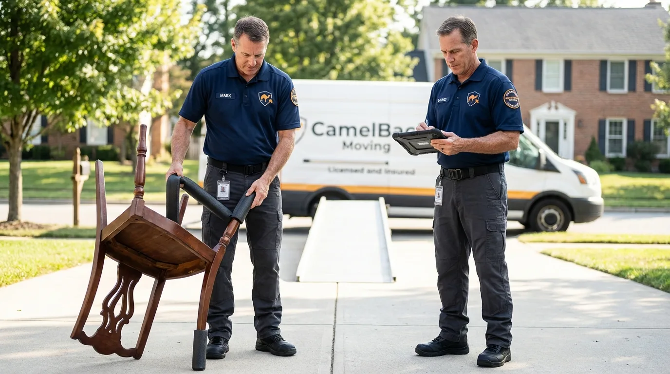 Movers inspecting furniture for damage prevention before loading in Sylvania, AL